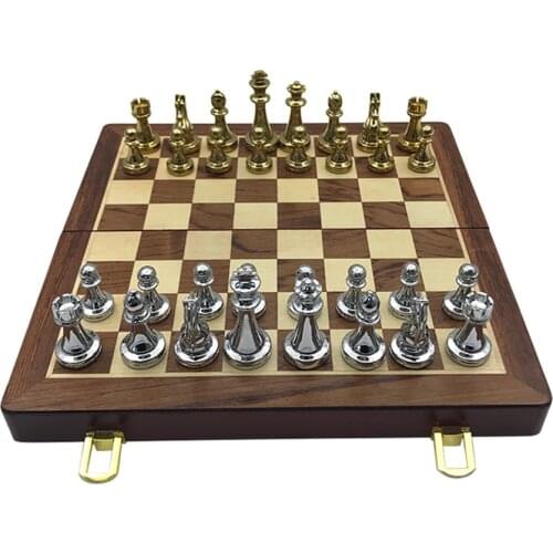 Metal Glossy Golden And Silver Chess Pieces Solid Wooden Folding Chess Board High Grade Professional Chess Games Set Gift