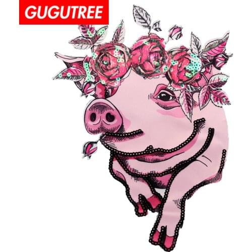GUGUTREE embroidery Sequins big pink pig flower animal cartoon patches badges applique patches for clothing FD-17