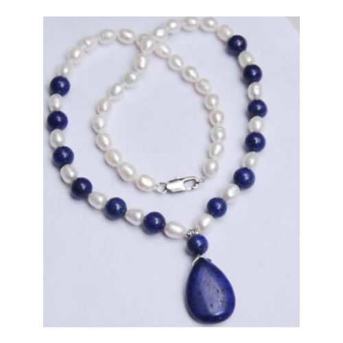 Natural 7-8MM White Akoya Pearl & Lapis Lazuli Pendant Necklace 18"