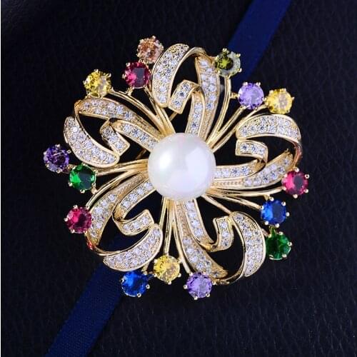OKILY Delicate Colorful Zircons Broochpin for Womens Winter Decoration Accessories Big Flowers Brooches with Pearl Jewellery