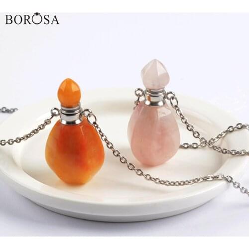 BOROSA Silver Color Yellow Agates Essential Oil Bottle Necklace Women Pink Quartz Perfume Oil Bottle Pendant Necklace WX1606
