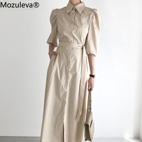 Mozuleva Elegant Lapele Turn-down Collar Women Dress Puff Sleeve Lace-up Loose Single-breasted Ladies Vestidos 2021 Summer