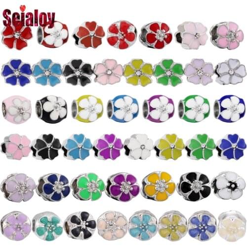 Seialoy 9 Color Enamel Flowers Beaded Round Large Hole Beaded Fit Brands Bracelets Necklace Diy Women Jewelry Gifts Making
