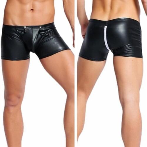 Sexy Mens PU Leather Boxer Shorts Removable Gay Penis Pouch Back Zipper Open Hot Gay Male Erotic Bulge Jockstrap Underwear