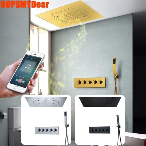LED Music Shower System Bathroom Hot Cold Thermostatic Shower Set Ceiling SPA Rain Fall Bath Faucet Luxury Gold Black Square