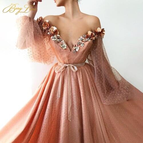3D Flower Prom Dress Appliques Beading V Neck Illusion Lantern Sleeves Evening Dress Ribbons Belt Robe de soiree