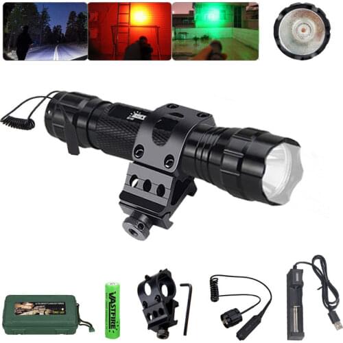 Green/Red/White Hunting LED Flashlight Tactical Predator Night Camping Fishing Light with USB Battery Charger and Scope Mount
