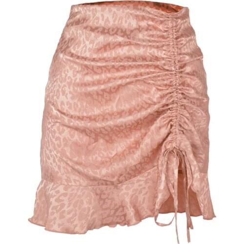 Drawstring Pleated Leopard Short Skirt Sexy Jacquard Satin Ruffles Skirts Women 2021 New Jupe Femme