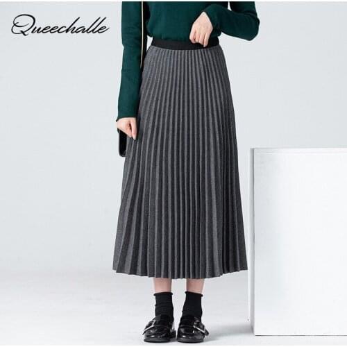 Solid Pleated Skirt Elegant Autumn Winter Empire Loose Woolen Skirt Women High Waisted Skinny Swing Long Maxi Skirts Female