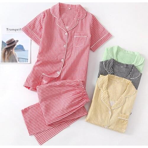 100% Cotton Cotton Women Pajamas Set Casual Plaid Home Pyjama Femme Japanese style Sleepwear 2020 Fashion Pjs
