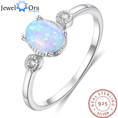 JewelOra Classic Style 925 Sterling Silver Oval Opal Rings for Women Female Finger Blue Opal Ring with Zirconia Fine Jewelry