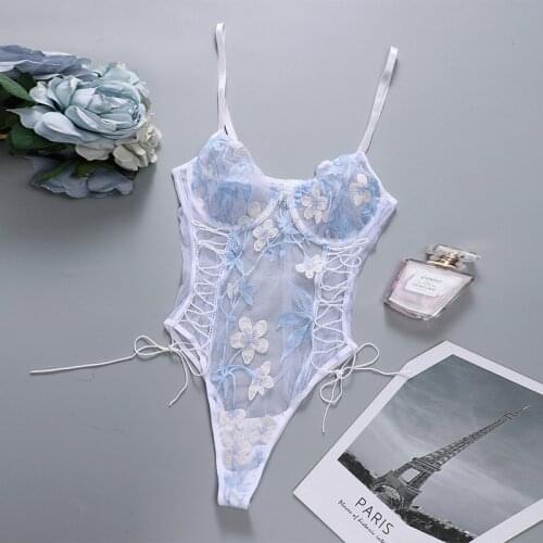 Women Sexy Lace Bodysuit Floral Embroidery Lingerie Nightwear Exotic Push Up Female Thin Strappy Mesh Sheer One-piece Suit