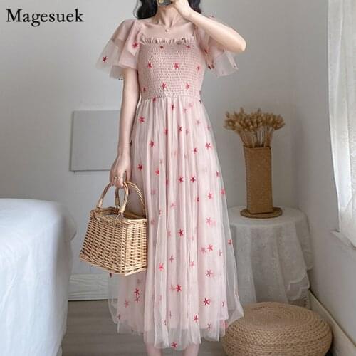 Vestido 2021 Summer Dresses Women Vintage Embroidered Pink Bodycon Dress Elegant Butterfly Sleeve Lace Mesh Dress Women 10122