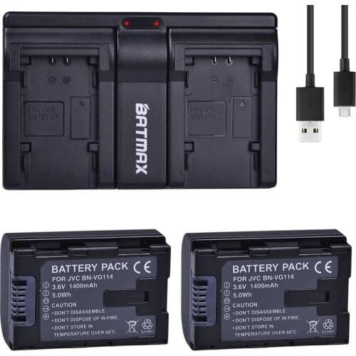 2Pcs 1400MaH BN VG114 Battery + Dual USB Charger for JVC BN-VG107 BN-VG107U BN-VG108U BN-VG108E BN-VG114 BN-VG114U BN-VG114US