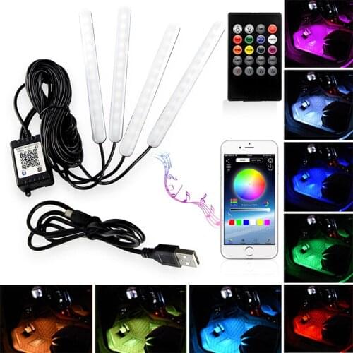 4Pcs Car RGB LED DRL Strip Light Car Auto Remote Control Interior Floor Decorative Flexible LED Strip Atmosphere Lamp Fog Lamp
