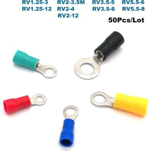 50Pcs Crimp Terminals Ring Insulated Electrical Wire Connector RV1.25-3~RV5.5-8 Cable Ferrules 0.5-6mm2 22-10AWG 19A-48A