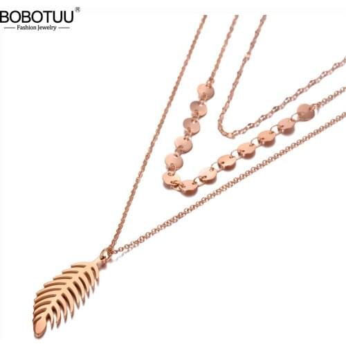 BOBOTUU Bohemia Three-layer Leaves Plant Charm Pendant Necklaces Goth Stainless Steel Chains Choker Necklace For Women BN20105
