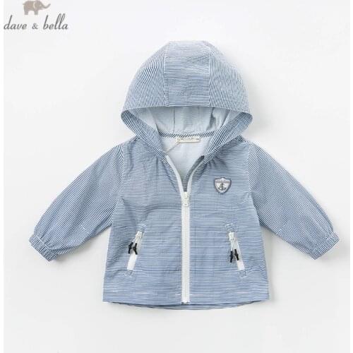 DB13085 dave bella spring baby boy striped jacket children fashion outerwear kids hooded zipper coat