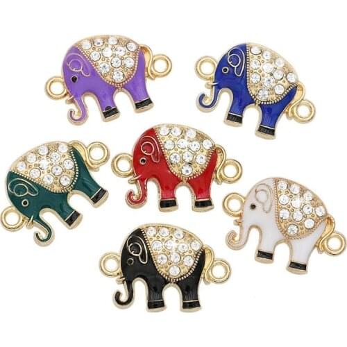 Crystal Elephant Connectors for DIY Jewelry Making Drip Oil Golden Color Charms for Handmade Bracelets Craft 16x16mm