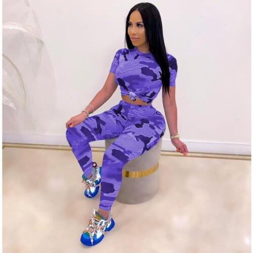 Adogirl Camouflage Print Two Piece Set Women Clothes Casual Sportswear Short Sleeve T-Shirt and Pencil Pants Active Tracksuit