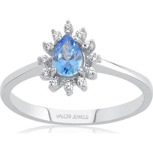 Valori Jewels Elegant Oval, 0.33 Carat, Zirconia Blue And White Oval Gemstone, Rhodium Plated, Sterling Silver Solitaire Ring