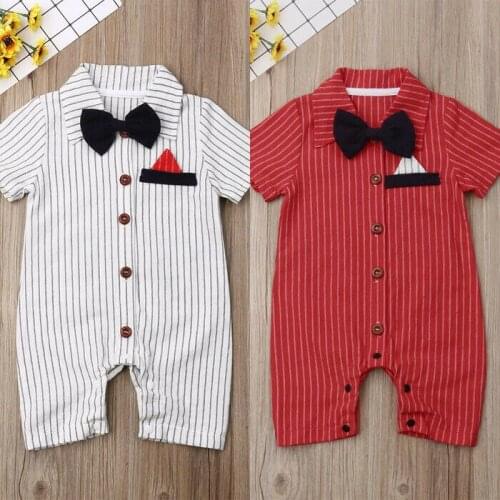 Newborn Baby Boy Short Sleeve Striped Bow-Knot Romper Jumpsuit Gentlement Outfits Cute Baby Boy Clothes