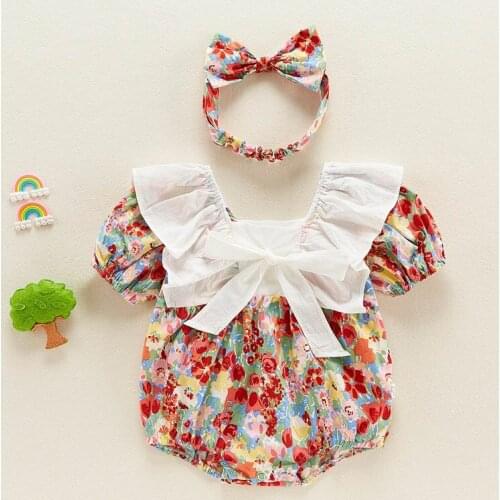 Baby Girls Rompers 2021 New Summer Infant Girls Flower Cute Bowtie Bodysuit With Headband Puff Sleeve Newborn Baby Outfits