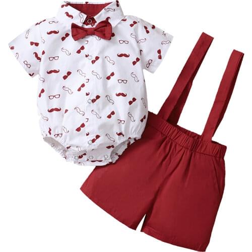 Baby Boys Clothes Set, Beard Print Short Sleeve Lapel Neck Shirt+Solid Color Suspender Shorts