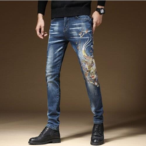 Mens Dragon Embroidery Fashion Jeans streetwear Slim fit Stretch Punk Jeans Man Hip hop Cotton Casual Denim trousers
