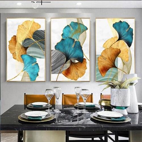 3 Pieces Blue Green Yellow Gold Plant Leaf Abstract Nordic Diamond Painting Wall Art Painting Rhinestones Embroidery Picture Of