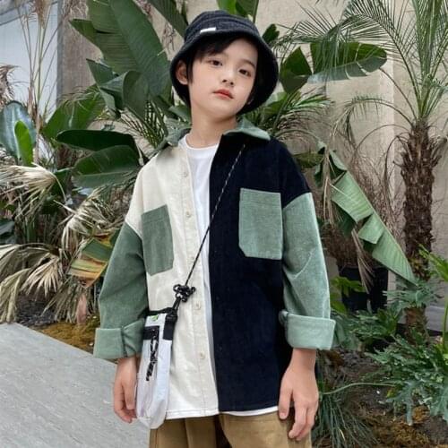 Autumn Spring 5-14 Years Boys Shirt With Pockets Children Casual Tops Fashion Patchwork Long Sleeve Shirts School Uniform