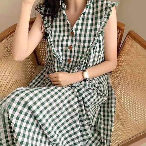 Vintage Stitching Contrast Plaid Printing WomenS Dress 2021 Summer New Korean Niche V-Neck Loose Sleeveless Dress Casual Dress
