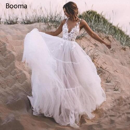 Simple V Neck Boho Wedding Dresses 2020 Tiered Tulle A Line Beach Bridal Gowns Lace Appliques Sleeveless Long Wedding Gowns
