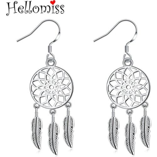 Silver 925 Ear Drops Earrings for Women Dream Catcher Feather Long Earring Fashion Jewelry Accessories Gifts Ear Hooks Bijoux