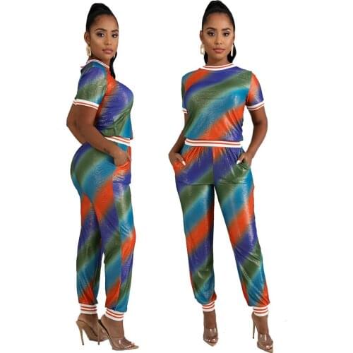 Sports Casual 2PC Suit Round Neck Short Sleeve Tops Elastic Waist Pockets Pants Women Suit Fashion Multicolor Print Sweatpants