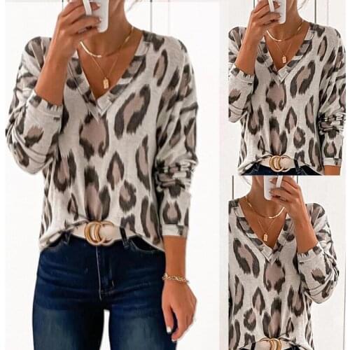 Cross Border 2021 Spring and Summer New European and American Printing Long Sleeve V-neck Loose Casual T-shirt Women Om9570