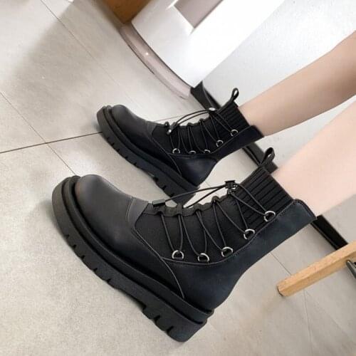 2020 flower buckle ankle boots women elastic cross-tied platform motorcycle booties female knitting patchwork winter botas mujer