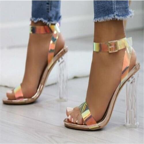 2019 Women Sandals Shoes Celebrity Wearing Simple Style PVC Clear Transparent Strappy Buckle Sandals High Heels Shoes Woman