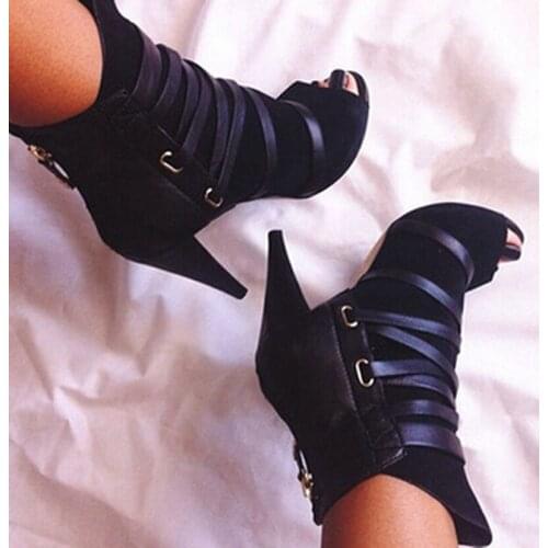 Women Open Toe Black Suede Leather Lace-up Ankle High Heel Boots Back Zipper-up Short Boots Cut-out Boots Spike Heel Boots