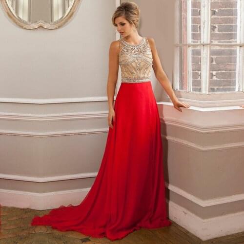 Vestidos de festa longo 2015 Long Red Evening Dresses A Line Luxury Crystal Beaded Formal Gown robe de soiree imported party
