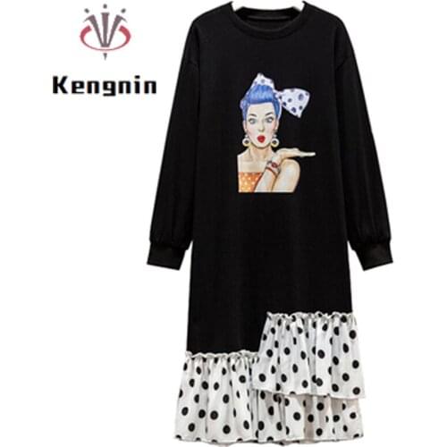 Loose Oversize 4XL Women Casual Dress 2021 Autumn Dot Print Patchwork Female T-Shirt Dress Casual Ladies Hoodies Vestidos KE1846