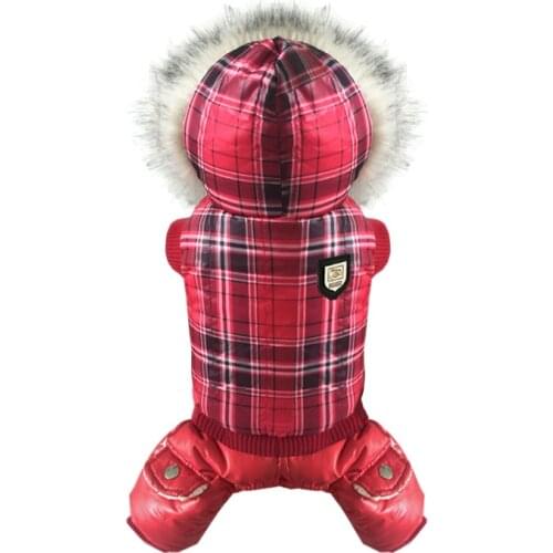 Red Grid Dog Clothes Winter Coat Jacket Hooded Pet Dog Clothes Cotton Warm Pet Jacket Thickness Dog Clothing