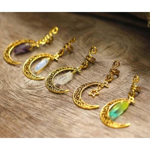 Gold Hair Beaded Crystal Moon Hair Ring Viking Spiral Secretly Beaded Hair Braid Hair Accessories Witchcraft Worship Accessories