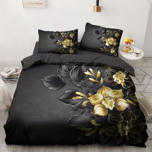 Golden Flower 3D Digital Printing Custom Bedding Set 2/3 Pieces Single Double Queen Duvet Cover Set Home Textile Black Bedspread