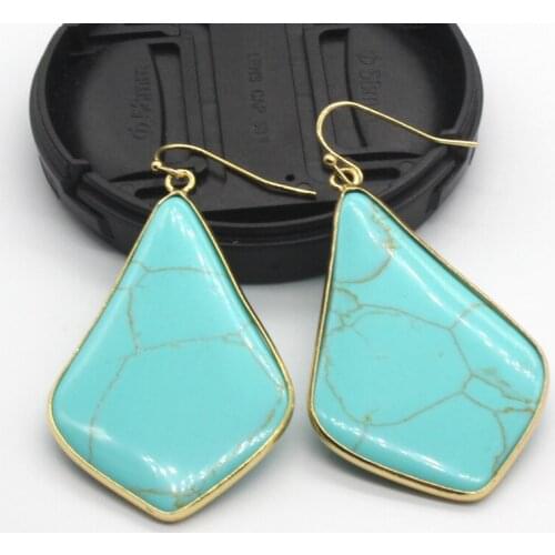 100-Unique 1 Pair Light Yellow Gold Color Rhombus Shape Green Turquoises Stone Earrings For Christmas Jewelry