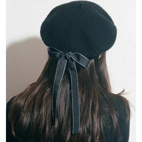 New Sweet Girls Lady Women Elegant Solid Color Black Wool Bow Lace Up Ribbon Beret French Artist Warm Beanie Hat Winter Ski Cap