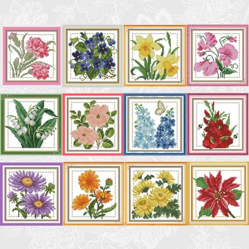 Twelve months flower Series Paintings Cross Stitch 11ct 14ct Printed Canvas DIY Handwork Embroidery Sets for Needlework Crafts