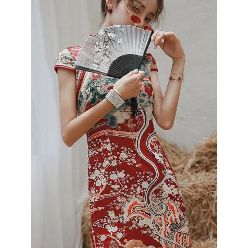 Chinese Dress Silk National Big Size Cheongsams Red Blue Print Tangsuit Qipao Dresses Retro Long Cheongsam Dress Oriental Dress