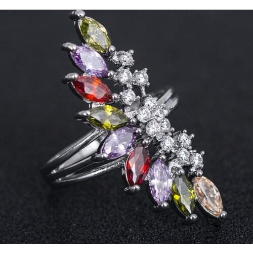 Luxury Silver Color Colourful Crystal Zirconia Rings With Wing Shape Finger Jewelry For Women Wedding Party Vintage Ring