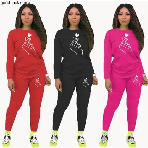Oversized Tracksuit Women Heart Print Hoodies + Pants 2 Piec Set Autumn Sport Long Sleeve Sweatshirt Outfits